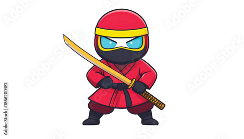 Cartoon Ninja Warrior with Sword Ready for Action.