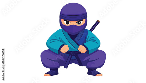 Cartoon Ninja in Squatting Position with Sword on Back.