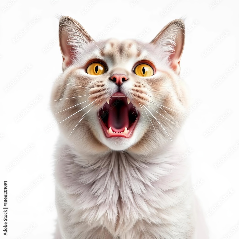 Obraz premium cat, british shorthair, lilac, mad expression, surprised, open mouth, shocked, amazed, startled, animal, pet, feline, domestic, studio shot, white background, isolation, funny, lilac, cat