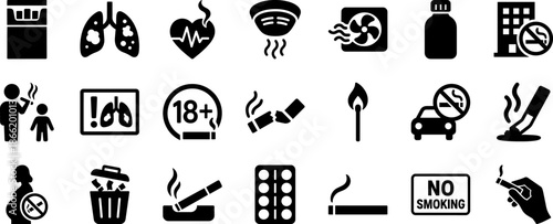 Premium Anti-Smoking and Nicotine Cessation Glyph Icon Set Featuring Health Warnings, Cigarette Prohibition Signs, Medical Risks, and Smoke Free Zone Symbols