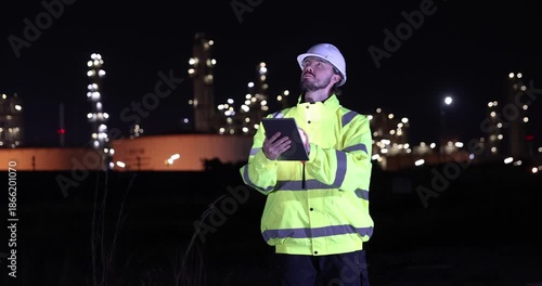 Petroleum engineers working at oil refinery site at night