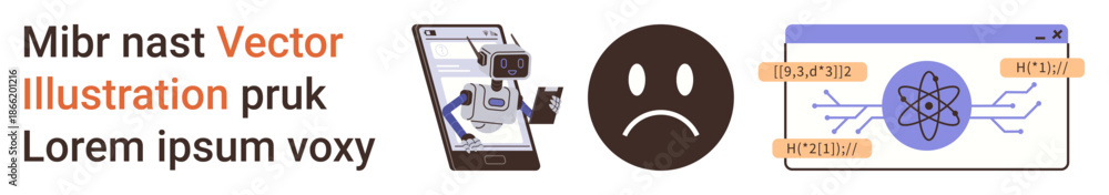 Fototapeta premium Digital communication, technology challenges, data security, online expression, system analysis, technology trends. Smartphone, sad face data visualization. Digital communication and technology