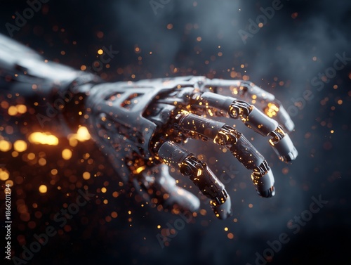 Robotic hand emerging from digital particles, futuristic lighting, strong subject isolation, professional commercial composition.