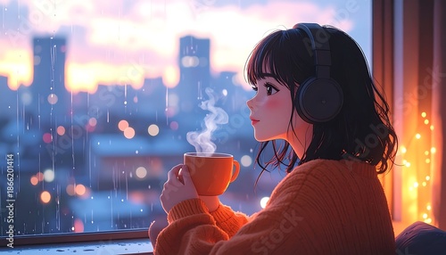 Wallpaper Mural Young Woman Enjoying Hot Beverage and Music by the Window Overlooking Cityscape at Dusk. Torontodigital.ca