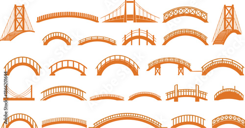 Bridge Architecture Vector Icon Set Featuring Different Types of Arched, Suspension, and Modern Bridges for Urban, Engineering, and Infrastructure Design Projects