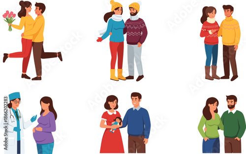 Romantic Couples and Family Moments Vector Illustration Set Showing Love, Pregnancy, Winter Fashion, and Relationship Scenes in Flat Cartoon Style
