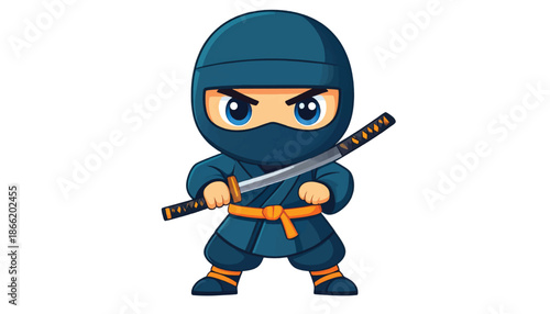 Cartoon Ninja Character with Sword Ready for Action.