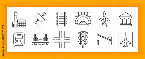 Infrastructure set icon. Airport tower, satellite dish, train, rail, tunnel, wind turbine, courthouse, bridge, crossroad, traffic light, barrier, and airplane landing visuals included.