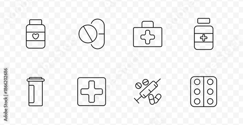 Medical supplies set icon. Outlined symbols show pill bottles, capsules, tablets, first aid kits, syringes, and cross signs related to health and pharmaceutical items.