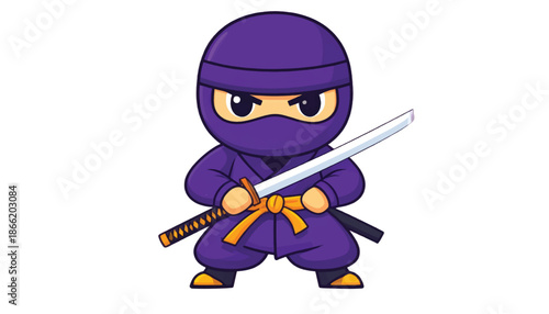 Cartoon Ninja Warrior with Katana Sword Ready for Action.