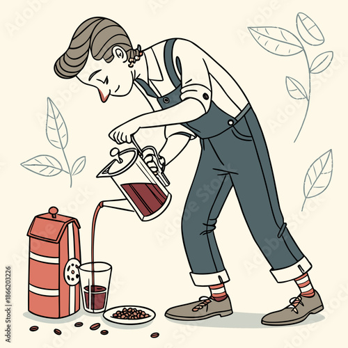 Cartoon barista pouring coffee from French press into glass