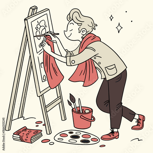 Cartoon artist with scarf painting on canvas with a brush