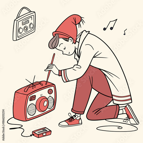 Cartoon boy adjusting vintage radio with cassette tape