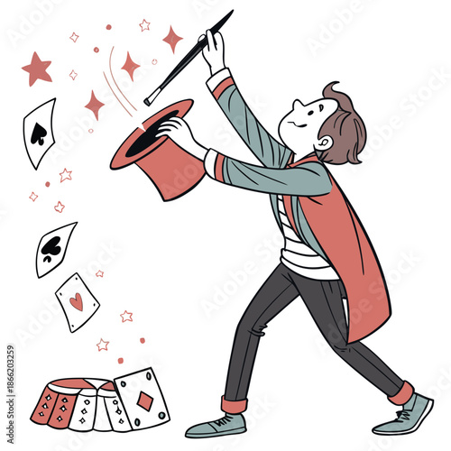 Cartoon boy performing magic trick with hat and playing cards