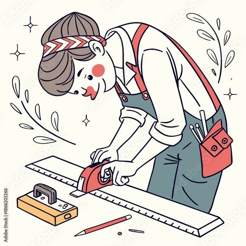 Cartoon carpenter with tools measuring and sawing wood