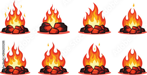Cartoon Campfire Flame Icon Set with Burning Fire and Hot Coal Piles for Camping, Heating, Warning, and Energy Design Projects