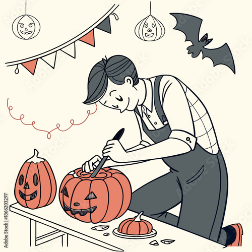 Cartoon man carving a pumpkin for Halloween celebration