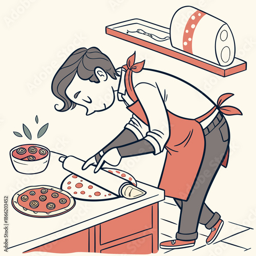 Chef rolling pizza dough with toppings on kitchen counter