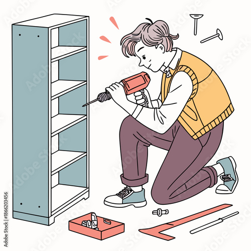 Man assembling a bookshelf with a drill at home