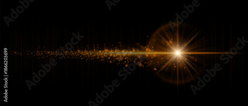 Dynamic optical flare with scattered glowing particles and strong luminous beam. Suitable for cinematic overlays, futuristic lighting, and motion graphics.