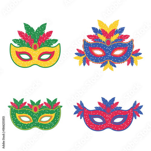 Brazilian carnival masks set with colorful feathers festive samba celebration illustration