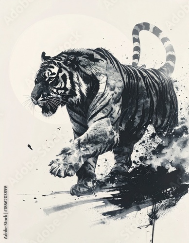A brush-drawn ink painting of a dynamic tiger　筆で描いた躍動する虎の墨絵