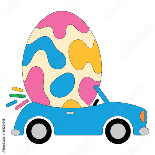 Car carries massive decorated Easter egg over its convertible top demonstrating holiday transportation.