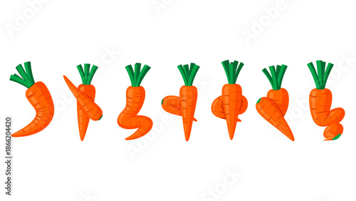 A vibrant collection of uniquely shaped, organic carrots, showcasing their natural imperfections and diverse forms against a clean white background.