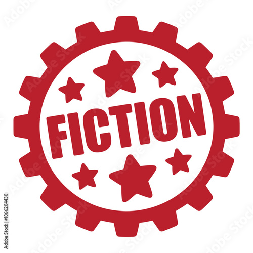 Red circular stamp featuring the word fiction surrounded by five stars within a gear outline.