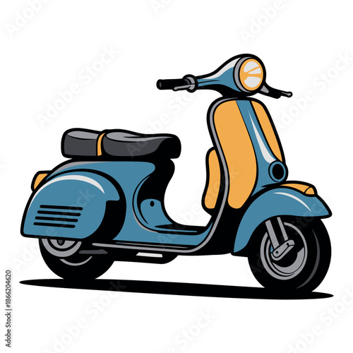 Retro motor scooter rendered in blue and yellow colors sits isolated on a clean white background.