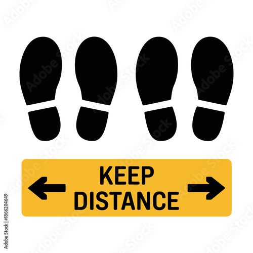 Floor marking displays black footprint silhouettes above a yellow banner instructing people to maintain.