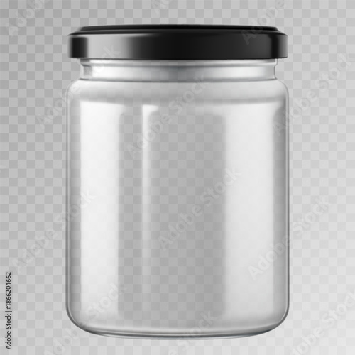 Glass jar isolated mockup. Empty clear glass container with metal black lid, closed transparent 3d glassware for homemade jam and canning food, preservation and conservation, realistic 3d vector