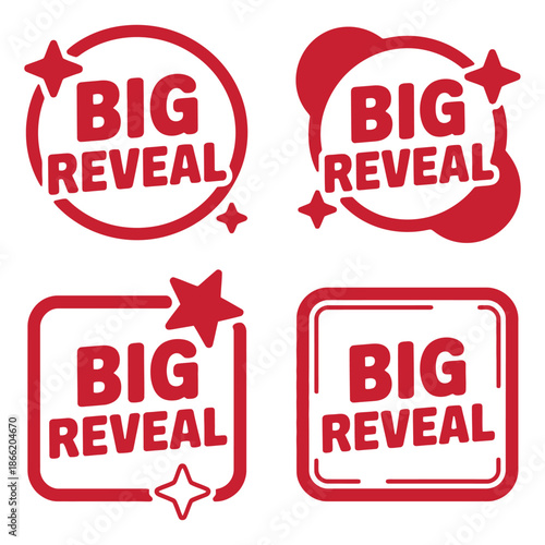 Four red graphic badges announce a significant hidden event or exciting product launch with decorative.