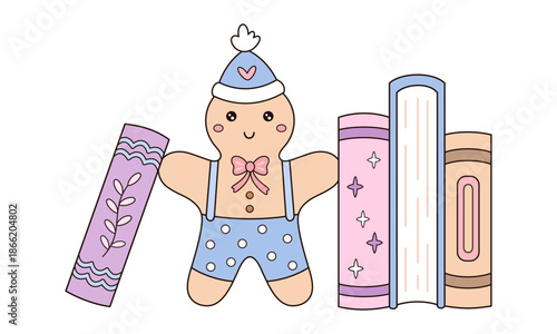 Cartoon winter books and gingerbread man illustration, Christmas bookish aesthetic, Book lover sticker, Cozy reading, Seasonal vector illustration.
