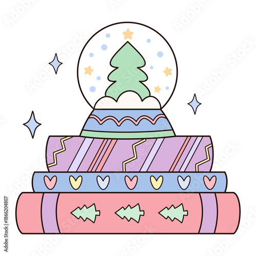 Winter books and snow globe illustration, Christmas bookish design, Book lover gift, Cozy reading sticker, Bookstore Holiday Graphic.