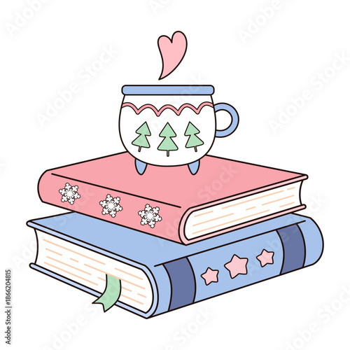 Winter books and holiday mug illustration, Christmas bookish aesthetic, Book lover sticker, Cozy reading, Bookstore Holiday Graphic.