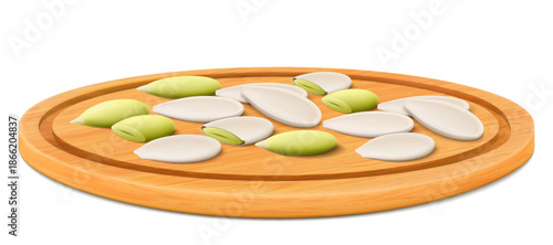 Pumpkin seeds on a wooden tray or cutting board. Whole and half pumpkin seeds isolated on white background. Realistic seeds. Tasty pumpkin kernels , a source of protein. 3d vector illustration.