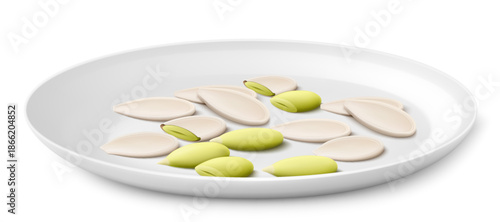 Pumpkin seeds on a white porcelain plate. Peeled and unpeeled pumpkin seeds isolated on white background. Pumpkin seeds kernels are ripe and tasty, a source of protein. 3d vector illustration.