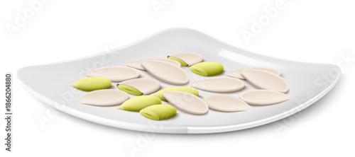 Pumpkin seeds on a white porcelain plate. Peeled and unpeeled pumpkin seeds isolated on white background. Pumpkin seeds kernels are ripe and tasty, a source of protein. 3d vector illustration.
