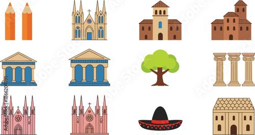 Architecture Landmark Icon Vector Set Featuring Historic Churches, Cathedrals, Columns, Traditional Buildings, and Cultural Symbols for Travel and Tourism Design