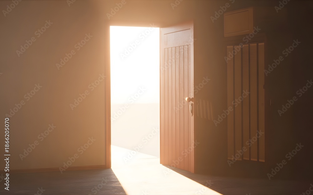 Fototapeta premium Bright light streaming through an open wooden door into an empty, warm-toned room, creating a hopeful atmosphere.