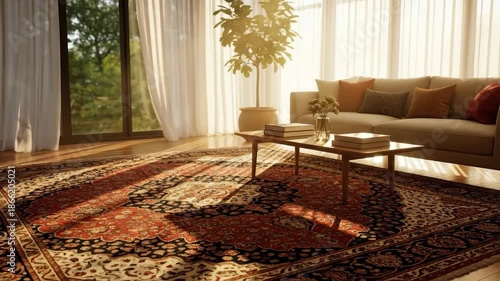 Sunlit living room with Persian rug, sheer curtains blowing, and cozy sofa.