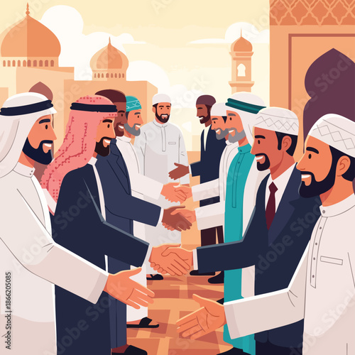 Businessmen in traditional attire shaking hands in a cultural setting during RAMADHAN