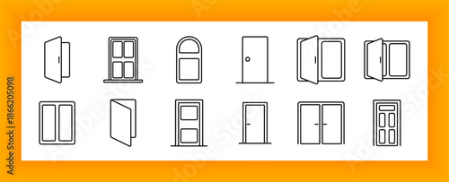 Door set icon. Entrance, open, closed, double, sliding, modern, classic, panel, interior, room, wood, architecture, building, access, hallway