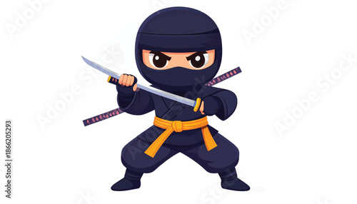 Cartoon Ninja Ready for Action with Swords.