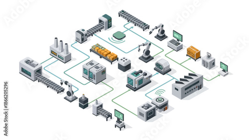 Isometric illustration of an industrial manufacturing process with various machinery and equipment.