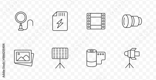 Photography set icon. Line icons showing camera microphone, SD card, film strip, lens, photo stack, light panel, film roll, and studio light on stand