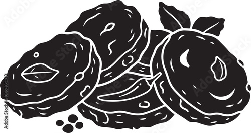 Black and white of dates with leaves and pits