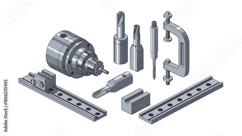 Industrial machinery parts and tools collection.