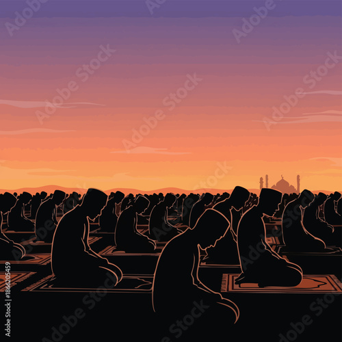 Community Gathering for Prayer at Sunset with Mosque in the Background